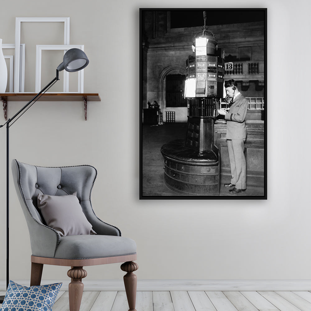Telephone Operator New York Stock Exchange Black and White Art Retro, Floating Framed Canvas Print