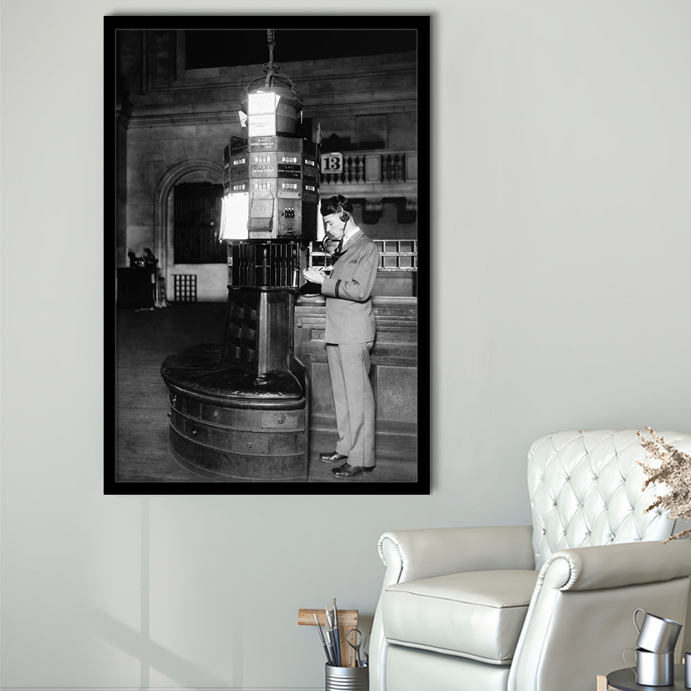 Telephone Operator New York Stock Exchange Black and White Art Retro, Framed Art Print Wall Decor
