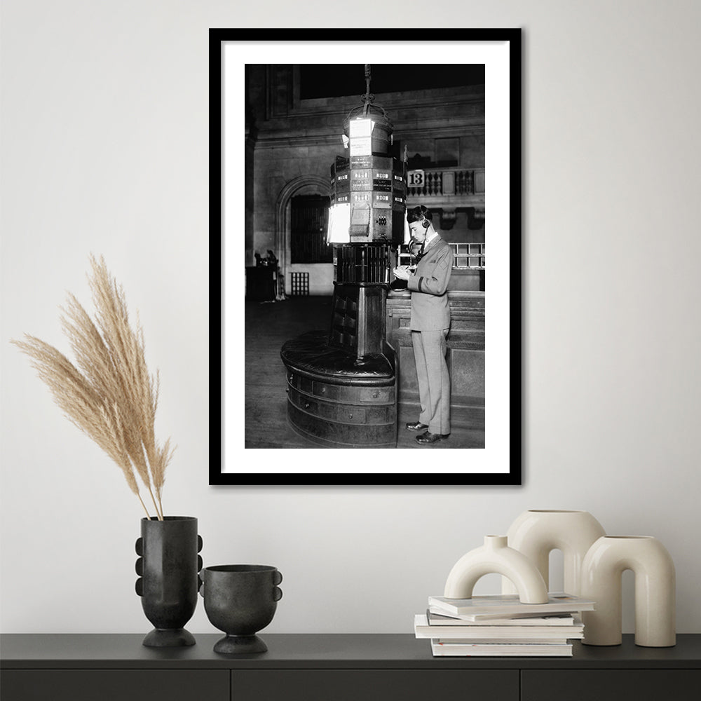 Telephone Operator New York Stock Exchange Black and White Art Retro, Framed Art Print White Border Wall Decor