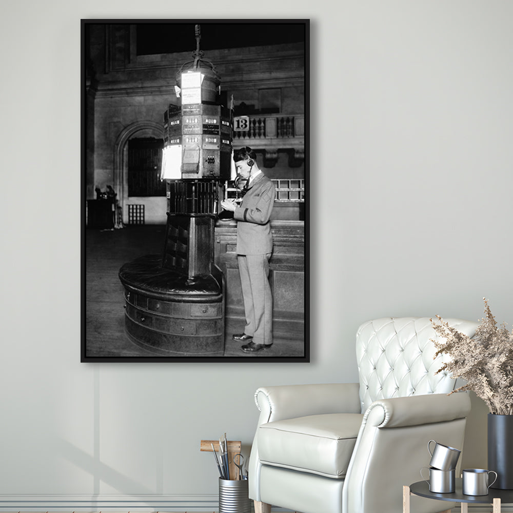 Telephone Operator New York Stock Exchange Black and White Art Retro, Floating Framed Canvas Print