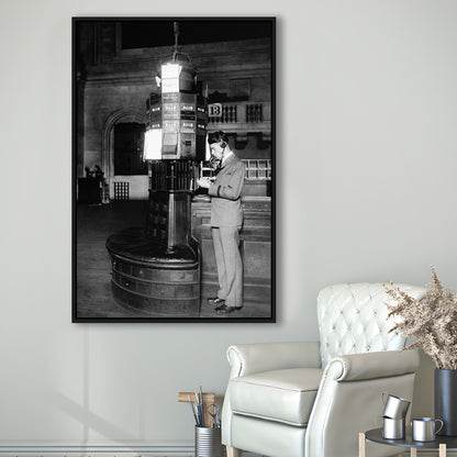 Telephone Operator New York Stock Exchange Black and White Art Retro, Floating Framed Canvas Print