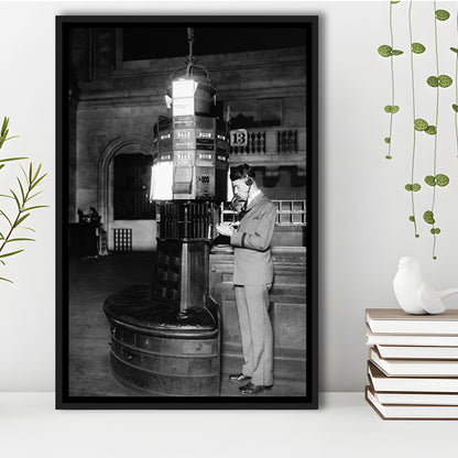 Telephone Operator New York Stock Exchange Black and White Art Retro, Floating Framed Canvas Print