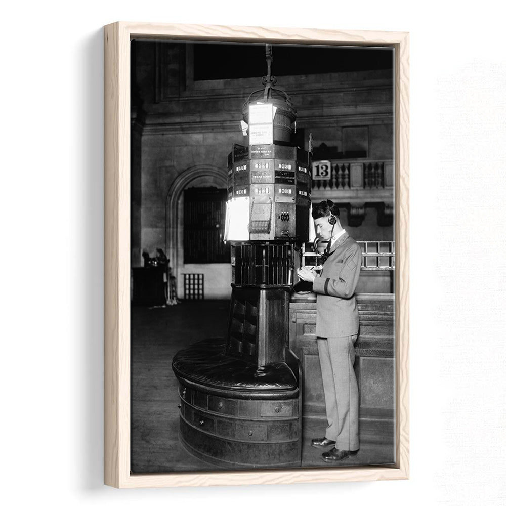 Telephone Operator New York Stock Exchange Black and White Art Retro, Floating Framed Canvas Print