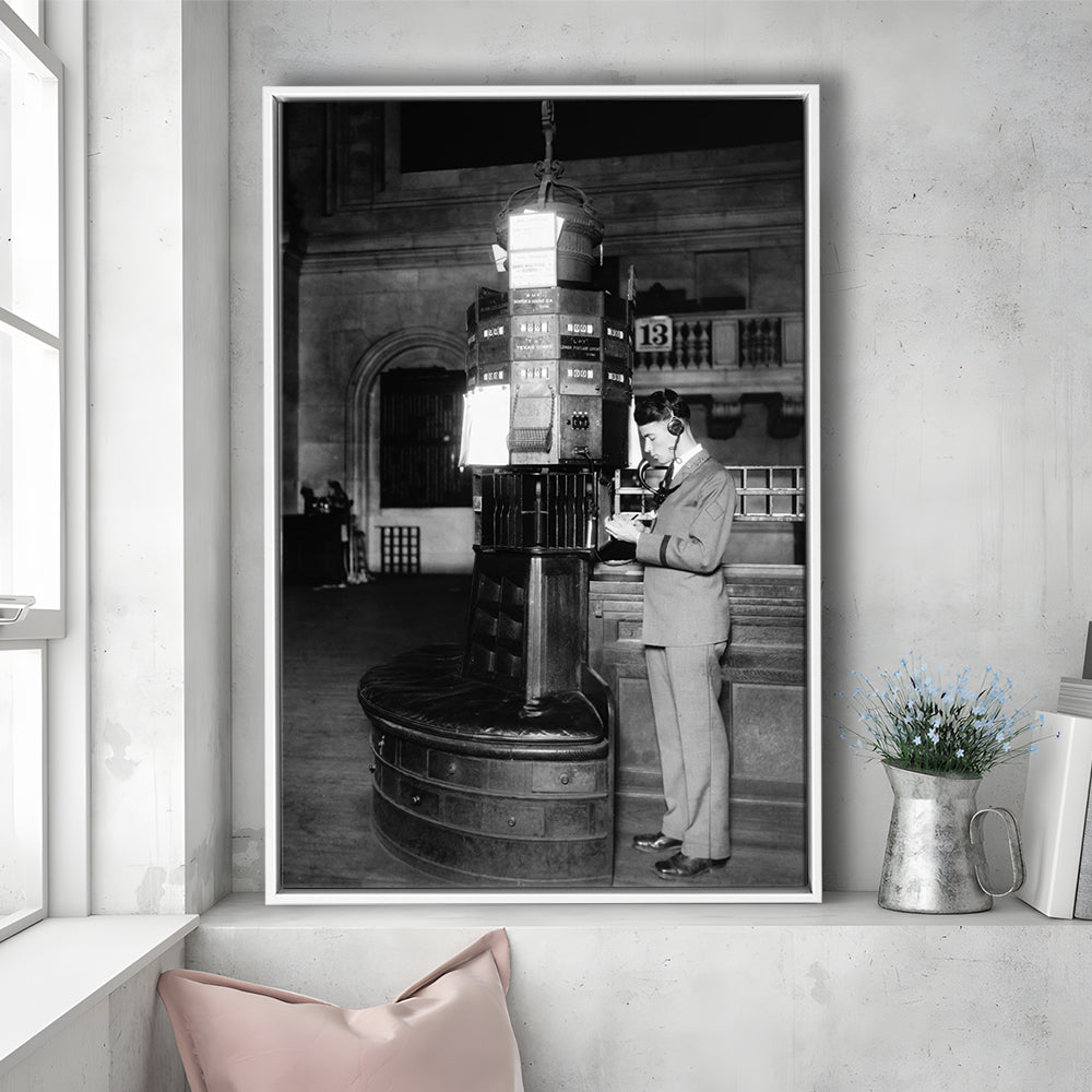 Telephone Operator New York Stock Exchange Black and White Art Retro, Floating Framed Canvas Print