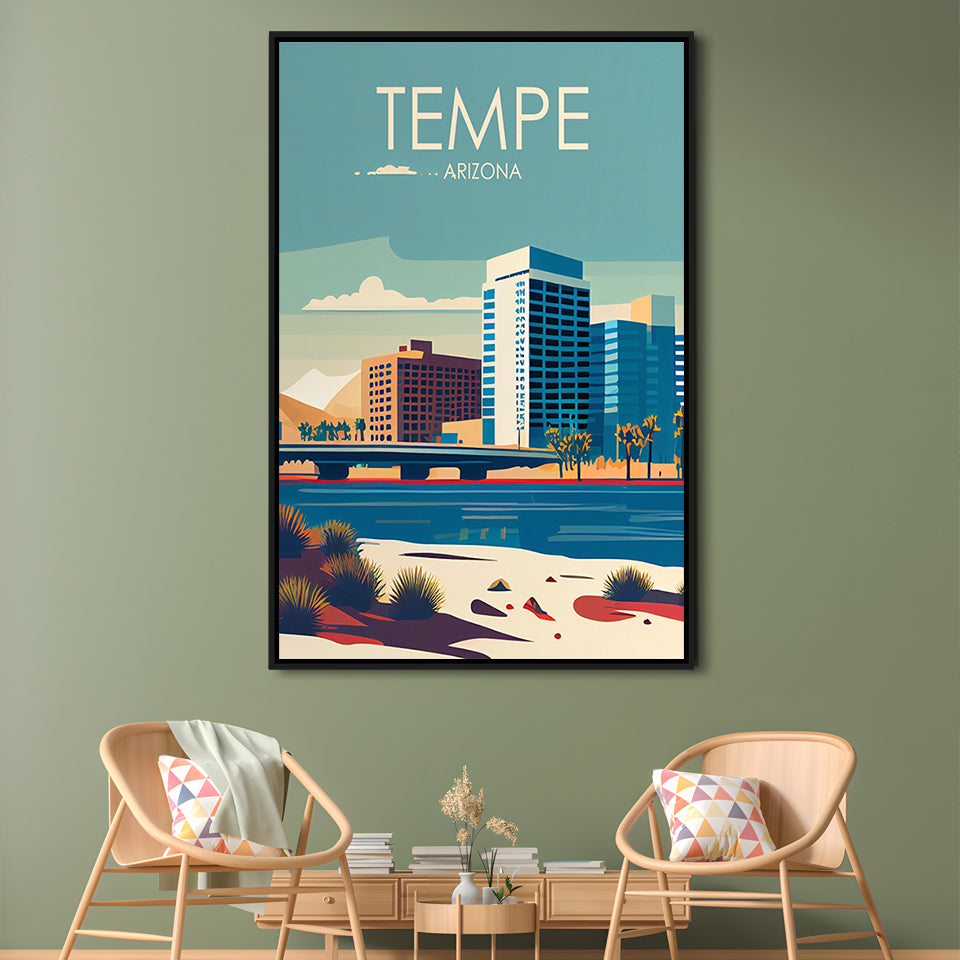 Tempe Arizona Retro Art Print, Tempe City Wall Art, Floating Framed Canvas Print, Framed Picture, Painting Canvas