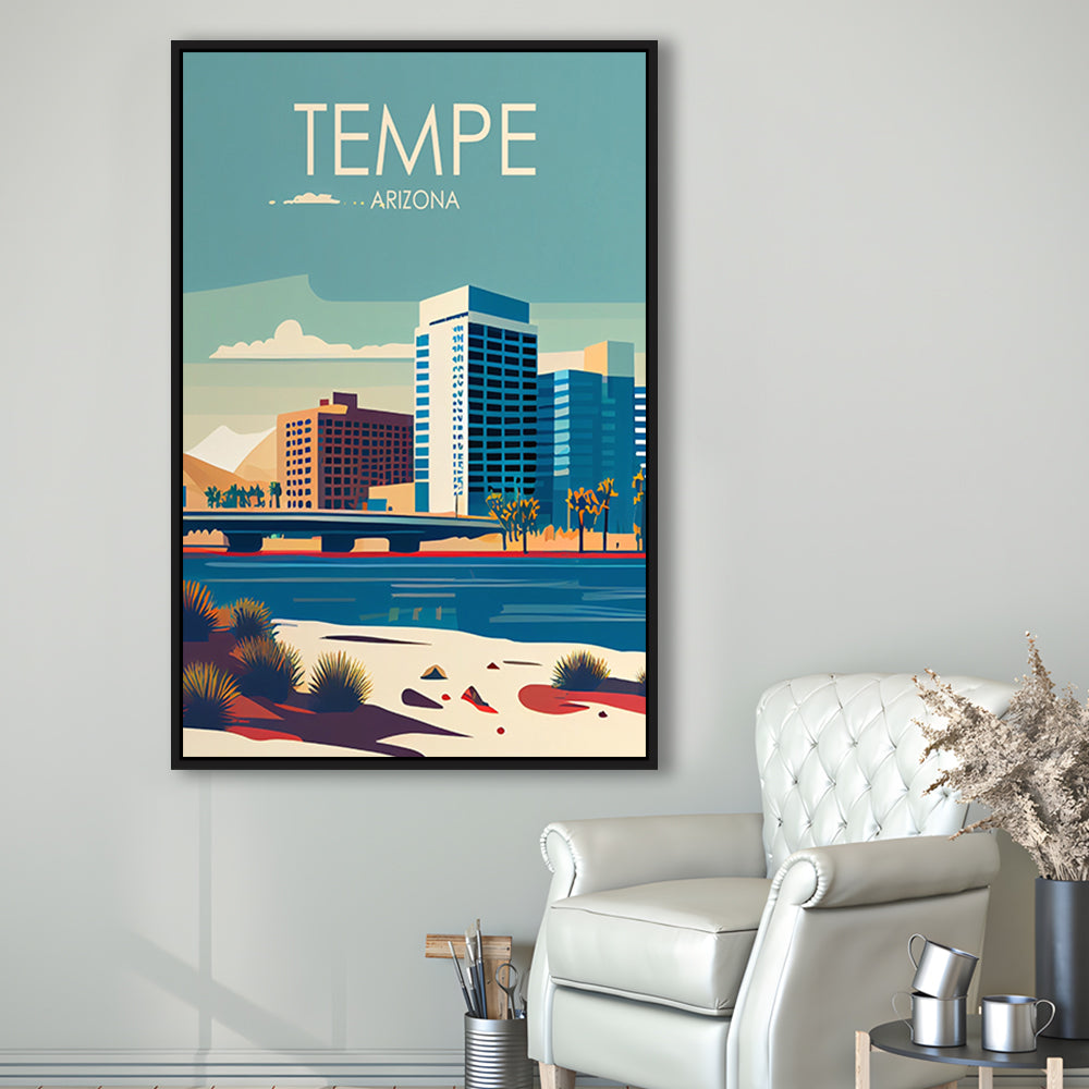 Tempe Arizona Retro Art Print, Tempe City Wall Art, Floating Framed Canvas Print, Framed Picture, Painting Canvas