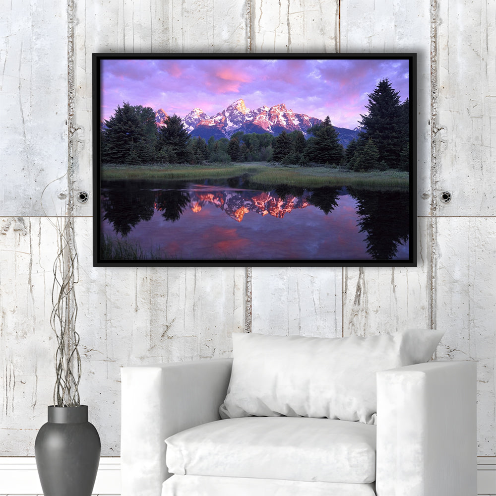 Teton Range At Sunrise Schwabacher Landing Grand Teton National Park, Framed Cavas Print, Floating Frame
