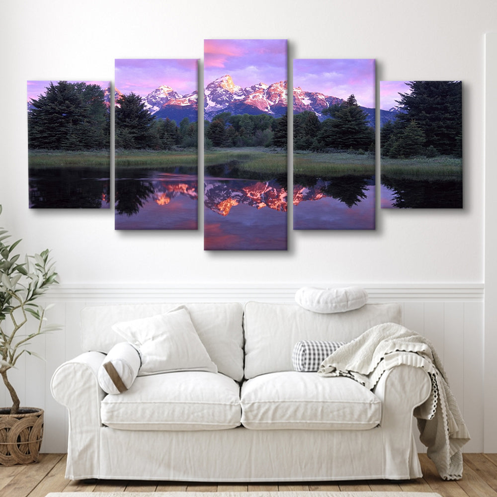 Teton Range at sunrise Schwabacher Landing Grand Teton National Park, 5 Piece Large Cavas Print Wall Art