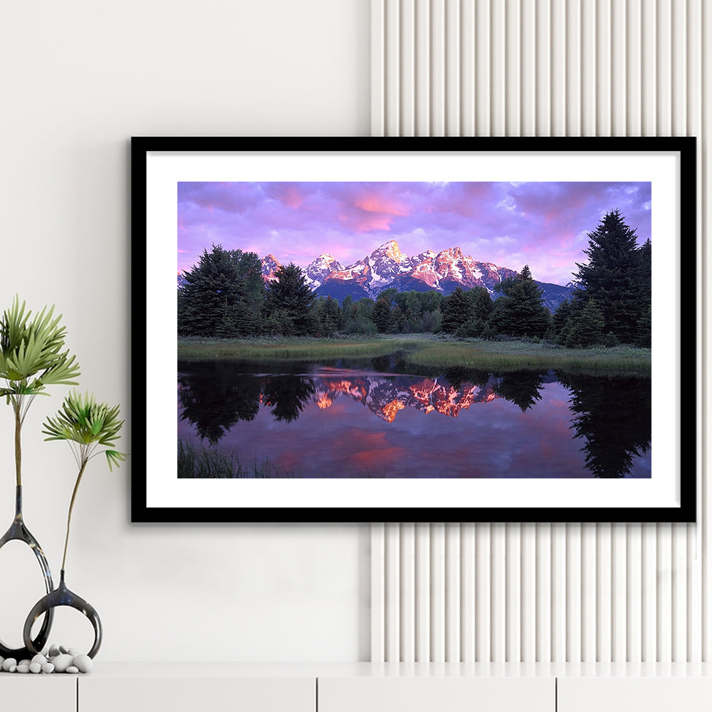 Teton Range At Sunrise Schwabacher Landing Grand Teton National Park, Framed Art Print White Border