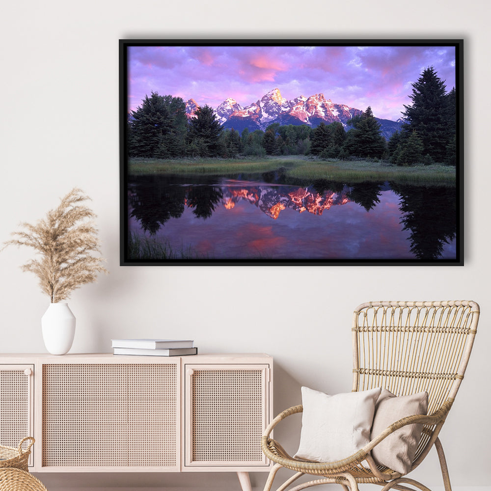 Teton Range At Sunrise Schwabacher Landing Grand Teton National Park, Framed Cavas Print, Floating Frame