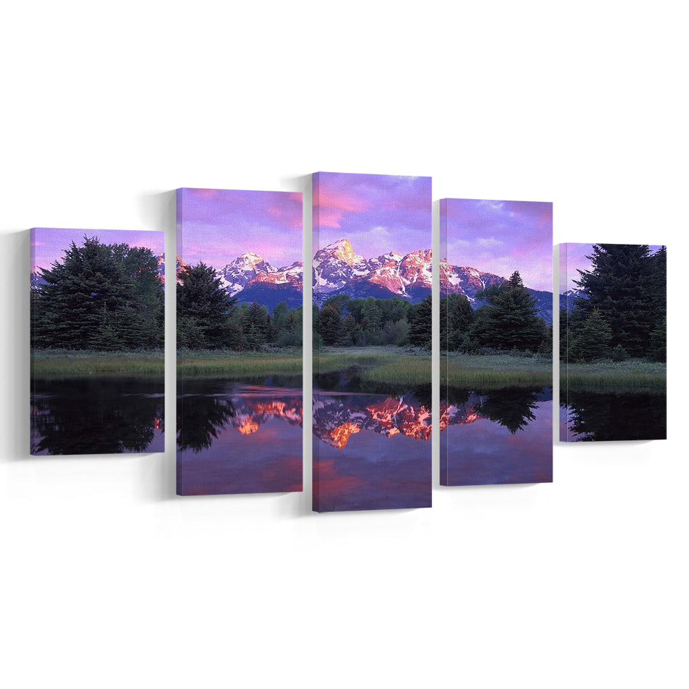 Teton Range at sunrise Schwabacher Landing Grand Teton National Park, 5 Piece Large Cavas Print Wall Art