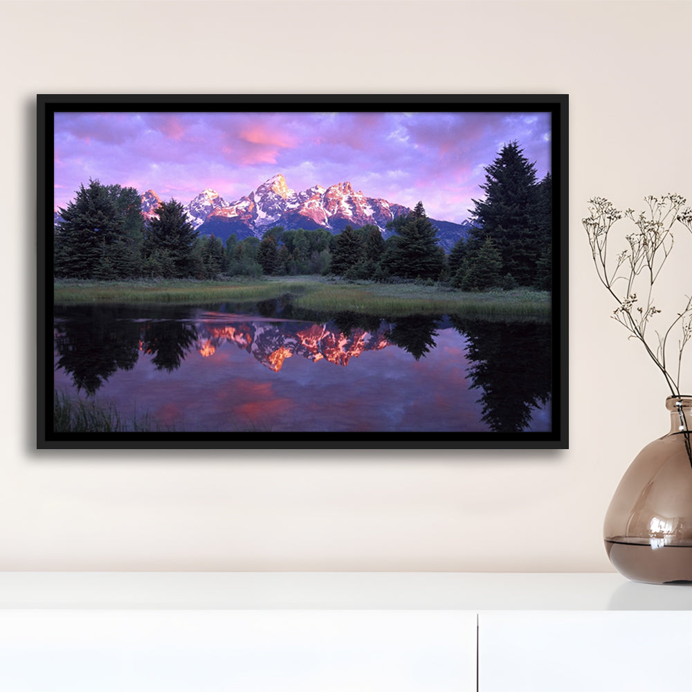Teton Range At Sunrise Schwabacher Landing Grand Teton National Park, Framed Cavas Print, Floating Frame
