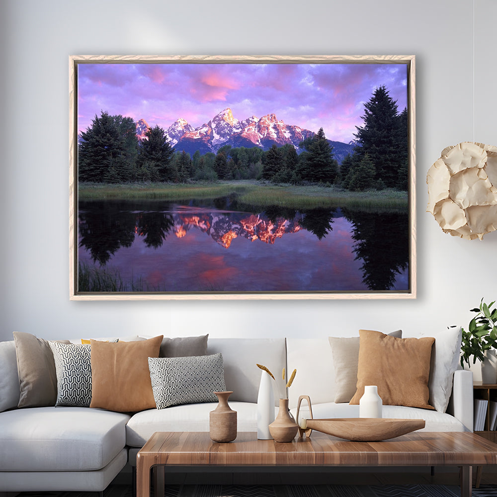Teton Range At Sunrise Schwabacher Landing Grand Teton National Park, Framed Cavas Print, Floating Frame