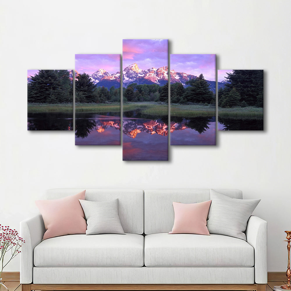 Teton Range at sunrise Schwabacher Landing Grand Teton National Park, 5 Piece Large Cavas Print Wall Art