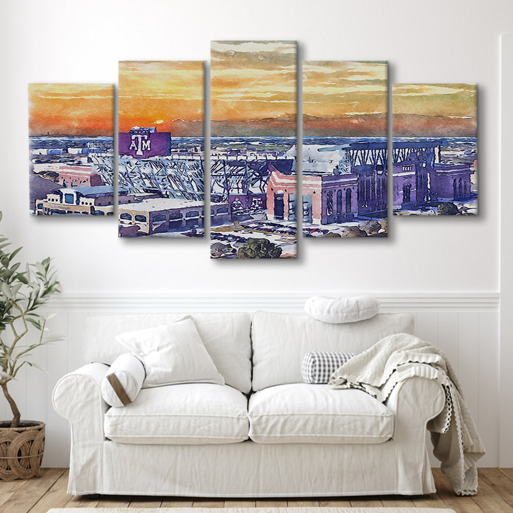 Texas A&M Aggies, Kyle Field Watercolor Painting, Sport Art, Mixed 5 Panel, Canvas Print Wall Art