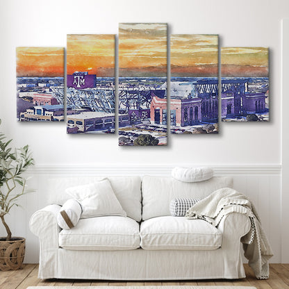 Texas A&M Aggies, Kyle Field Watercolor Painting, Sport Art, Mixed 5 Panel, Canvas Print Wall Art
