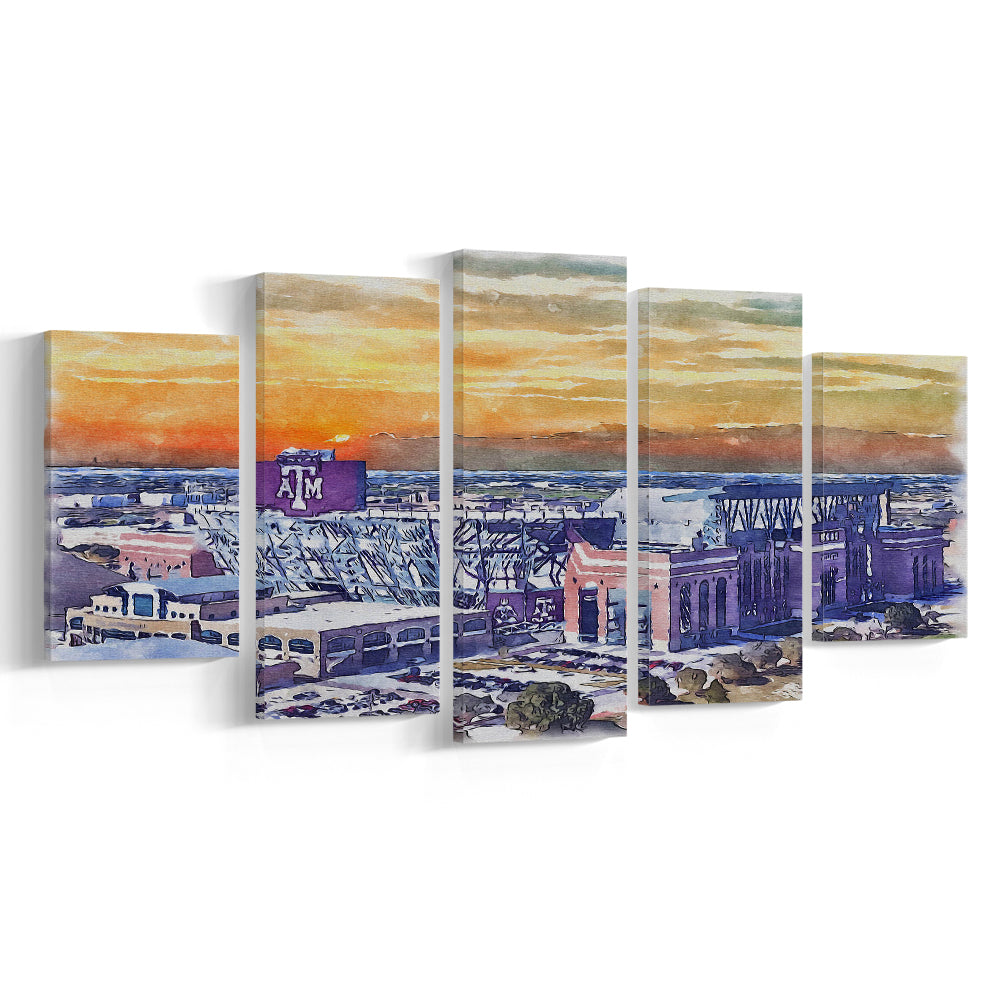Texas A&M Aggies, Kyle Field Watercolor Painting, Sport Art, Mixed 5 Panel, Canvas Print Wall Art