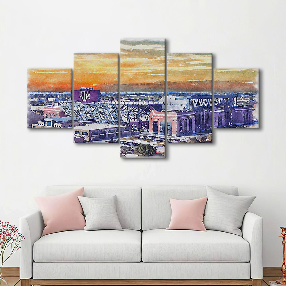 Texas A&M Aggies, Kyle Field Watercolor Painting, Sport Art, Mixed 5 Panel, Canvas Print Wall Art