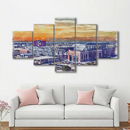 Texas A&M Aggies, Kyle Field Watercolor Painting, Sport Art, Mixed 5 Panel, Canvas Print Wall Art