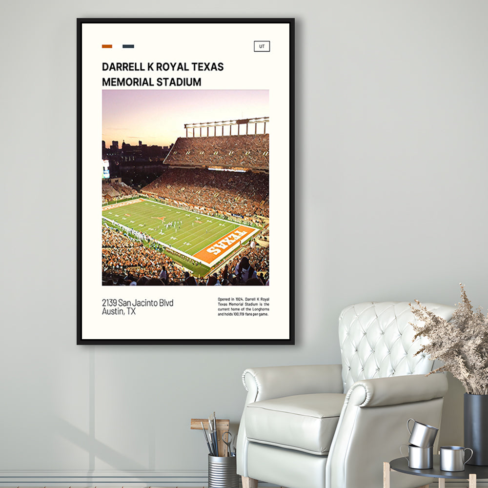 Texas Memorial Stadium Print, Longhorns Football Stadium Canvas Art, Man Cave Gift, Floating Framed Canvas Print Wall Art