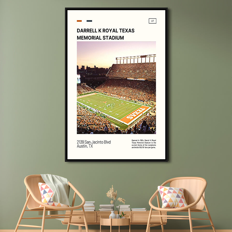 Texas Memorial Stadium Print, Longhorns Football Stadium Canvas Art, Man Cave Gift, Floating Framed Canvas Print Wall Art