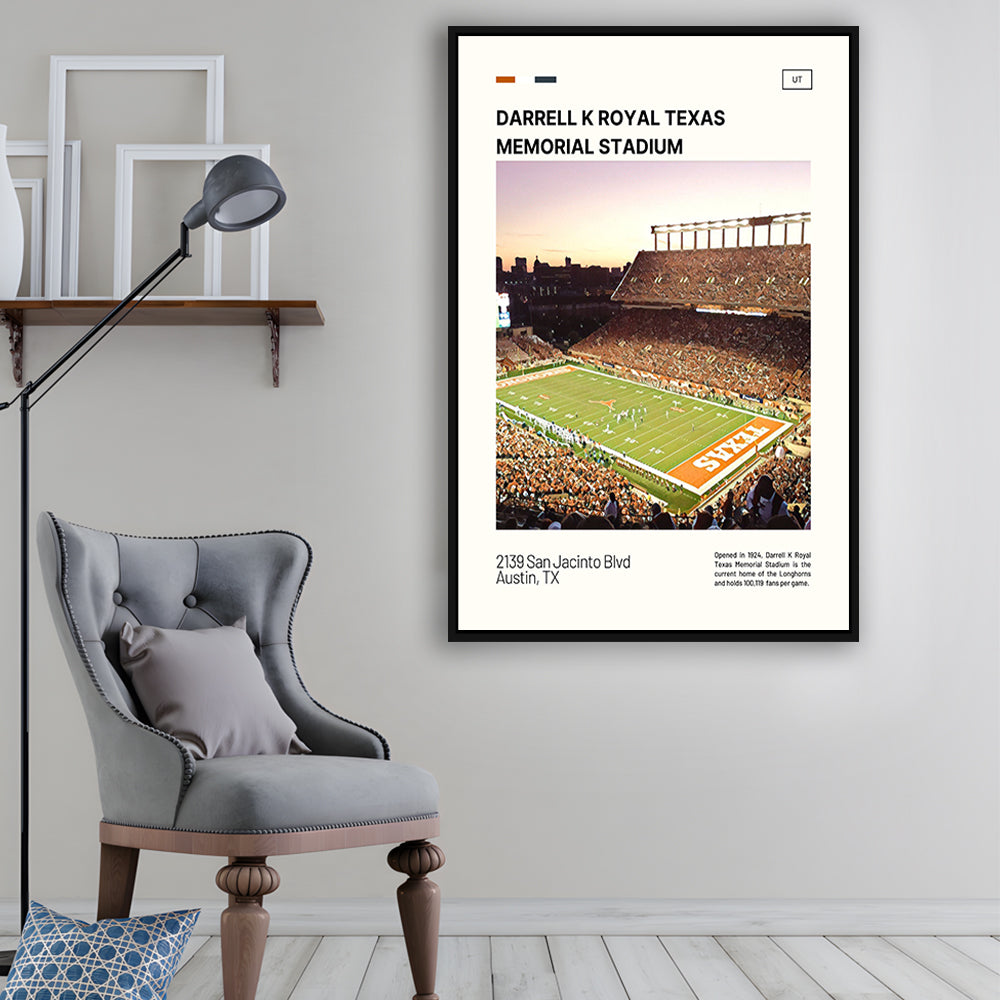 Texas Memorial Stadium Print, Longhorns Football Stadium Canvas Art, Man Cave Gift, Floating Framed Canvas Print Wall Art