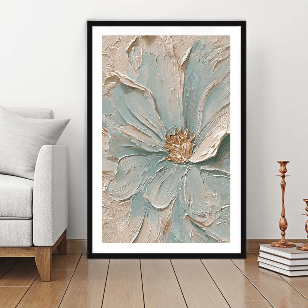 Textured Aqua Blooms  Gilded Core Wall Art Print, Framed Art Print, White Border