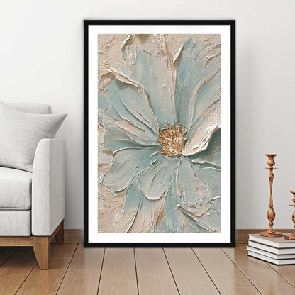 Textured Aqua Blooms  Gilded Core Wall Art Print, Framed Art Print, White Border