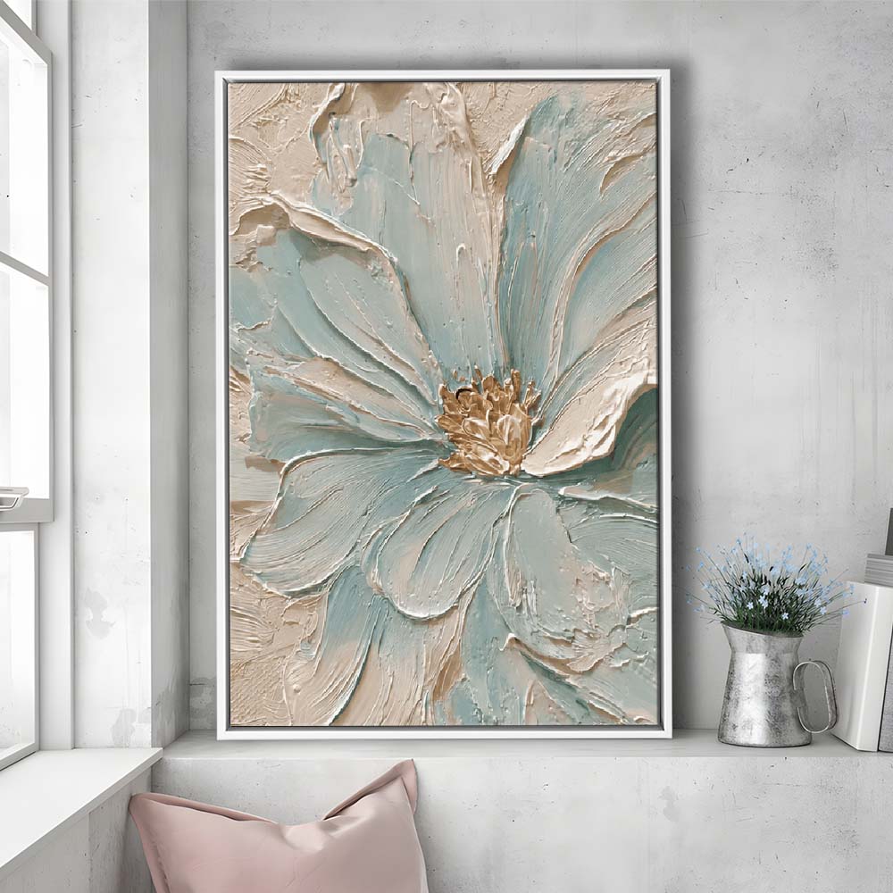 Textured Aqua Blooms  Gilded Core Wall Art Print, Framed Canvas Print, Floating Frame