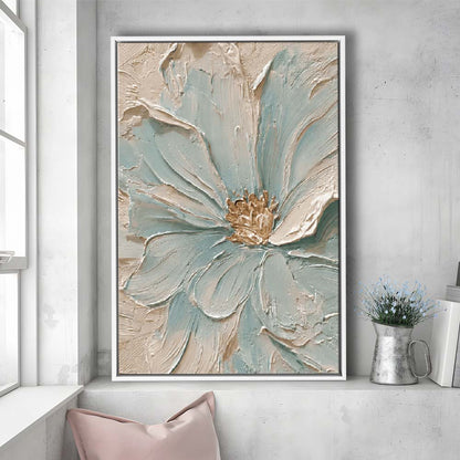 Textured Aqua Blooms  Gilded Core Wall Art Print, Framed Canvas Print, Floating Frame