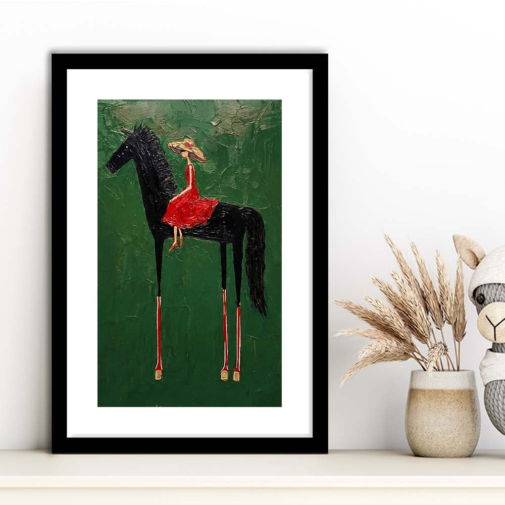 Textured Equestrian Whimsy Green Steed Wall Art Print, Framed Art Print, White Border