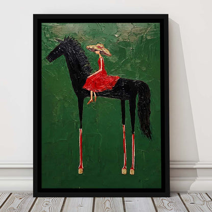 Textured Equestrian Whimsy Green Steed Wall Art Print, Framed Canvas Print, Floating Frame