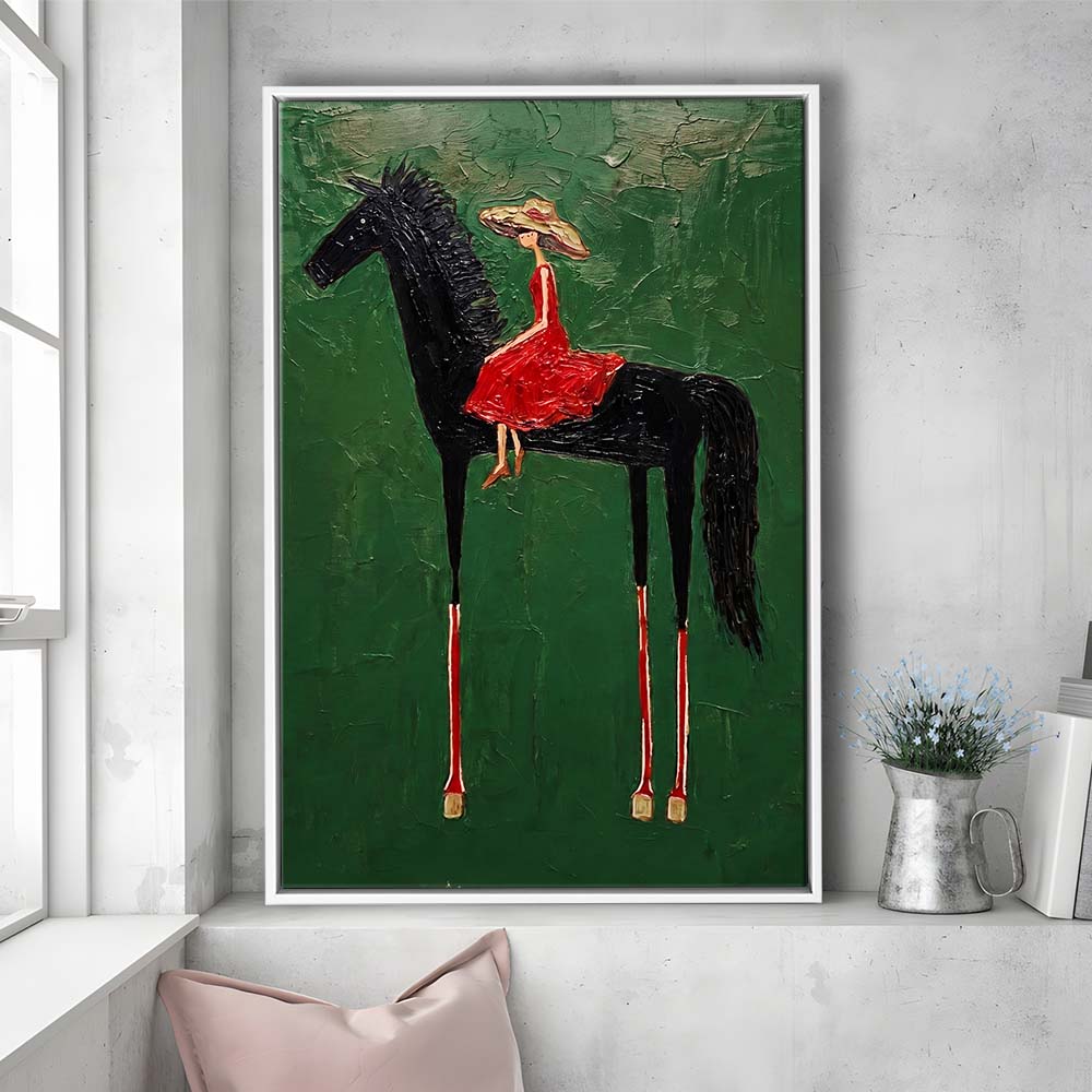 Textured Equestrian Whimsy Green Steed Wall Art Print, Framed Canvas Print, Floating Frame