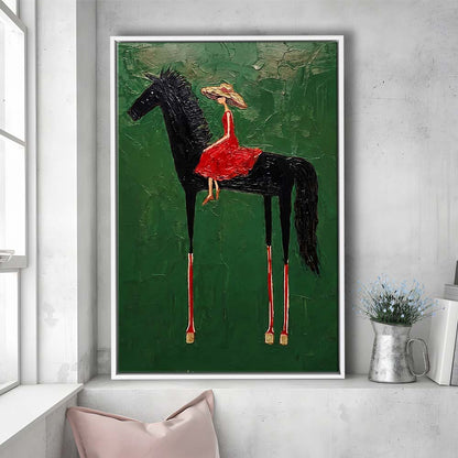 Textured Equestrian Whimsy Green Steed Wall Art Print, Framed Canvas Print, Floating Frame