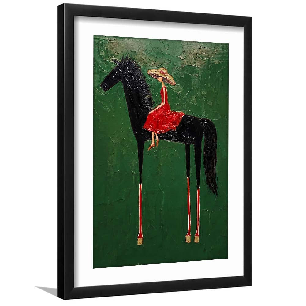Textured Equestrian Whimsy Green Steed Wall Art Print, Framed Art Print, White Border