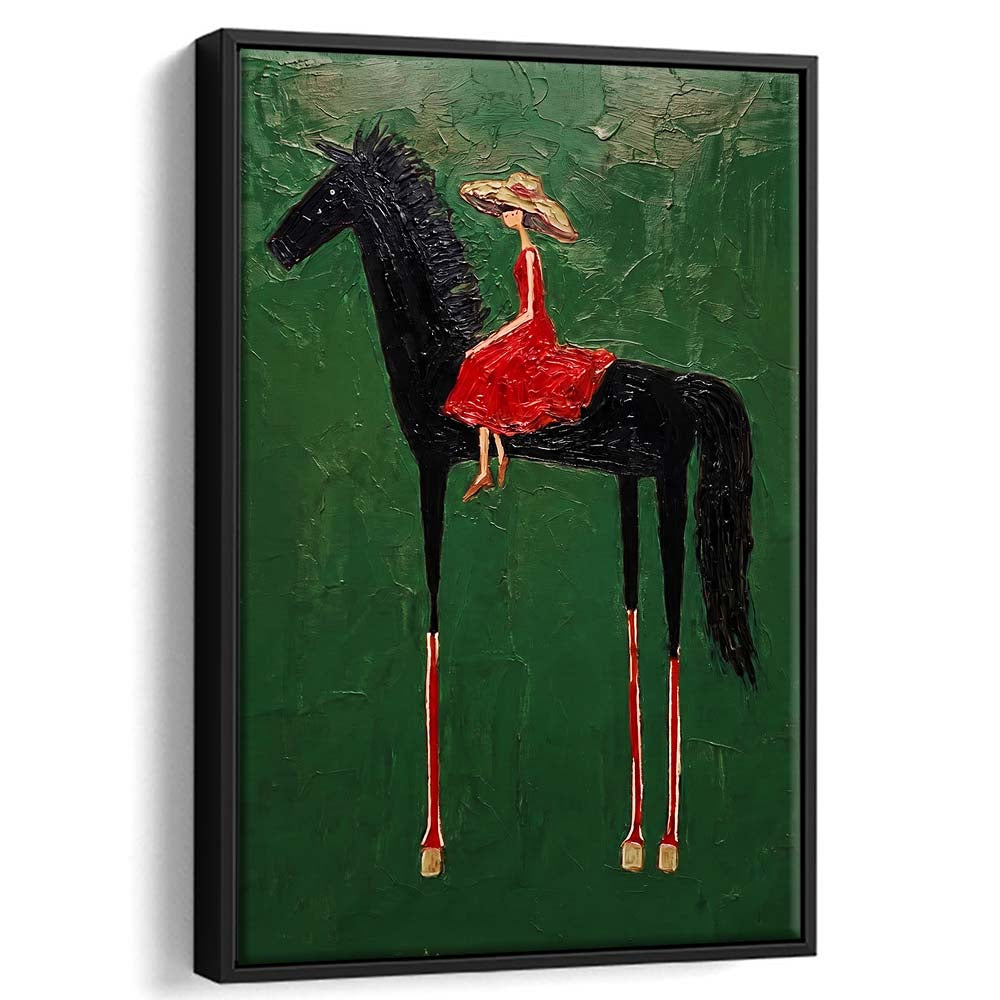 Textured Equestrian Whimsy Green Steed Wall Art Print, Framed Canvas Print, Floating Frame