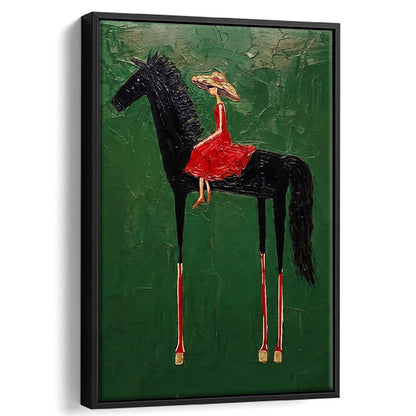 Textured Equestrian Whimsy Green Steed Wall Art Print, Framed Canvas Print, Floating Frame