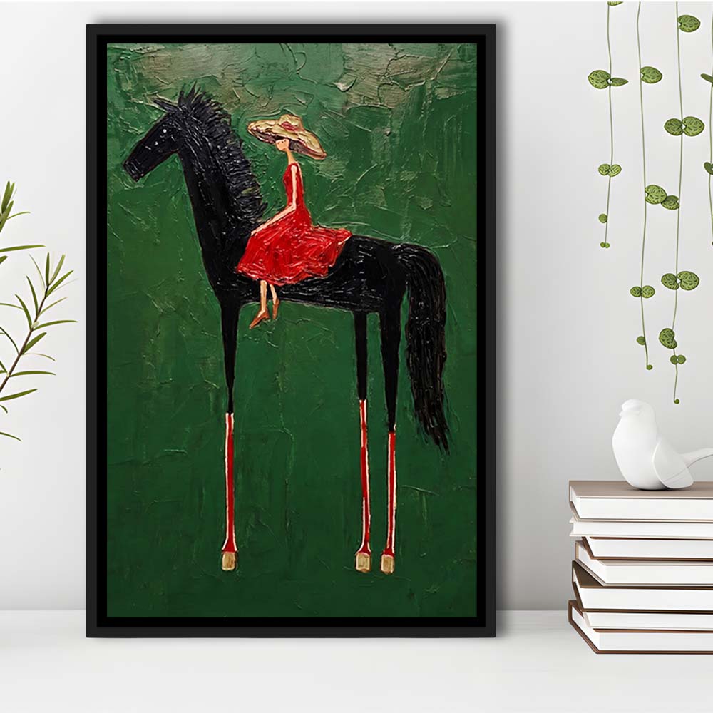 Textured Equestrian Whimsy Green Steed Wall Art Print, Framed Canvas Print, Floating Frame