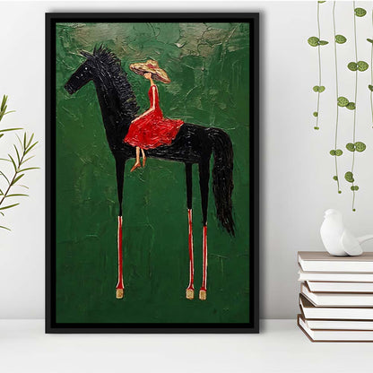 Textured Equestrian Whimsy Green Steed Wall Art Print, Framed Canvas Print, Floating Frame