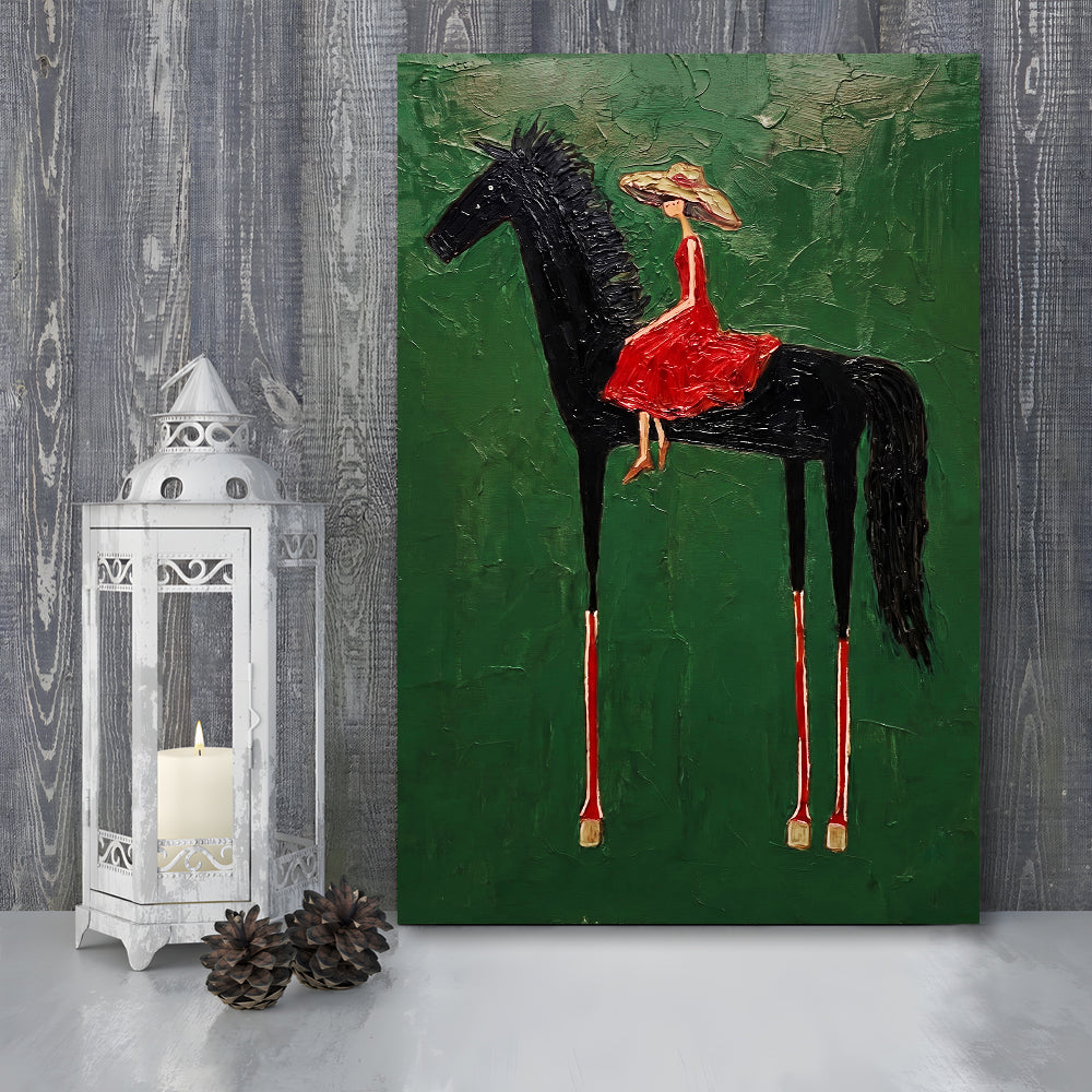 Textured Equestrian Whimsy Green Steed Wall Art Print, Canvas Print, Canvas Decor