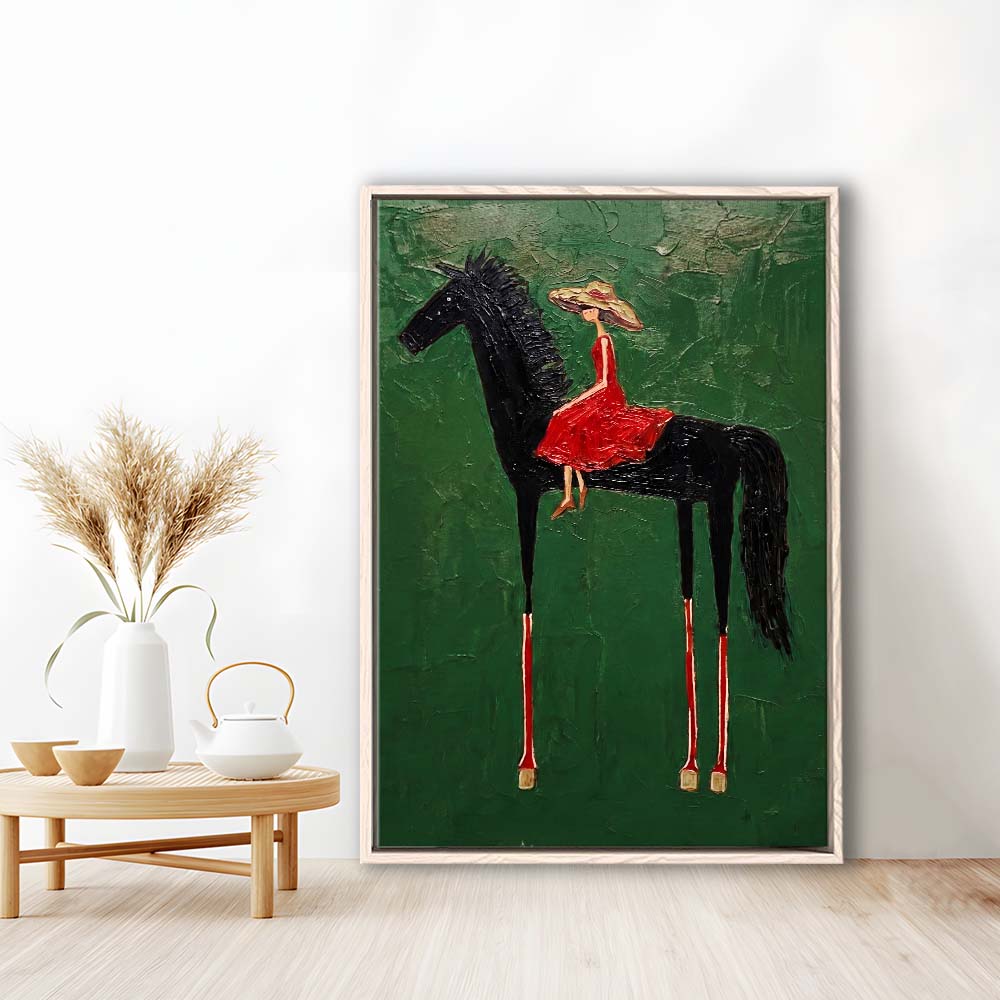 Textured Equestrian Whimsy Green Steed Wall Art Print, Framed Canvas Print, Floating Frame
