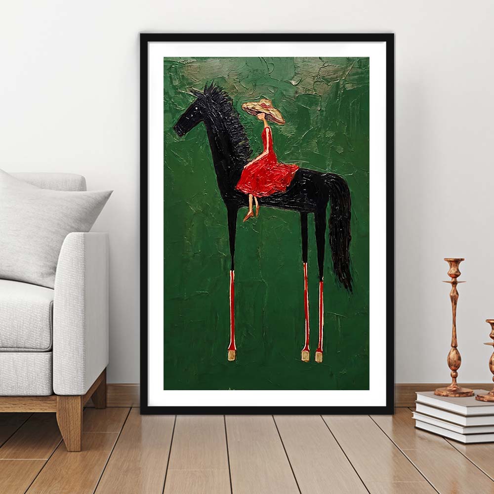 Textured Equestrian Whimsy Green Steed Wall Art Print, Framed Art Print, White Border