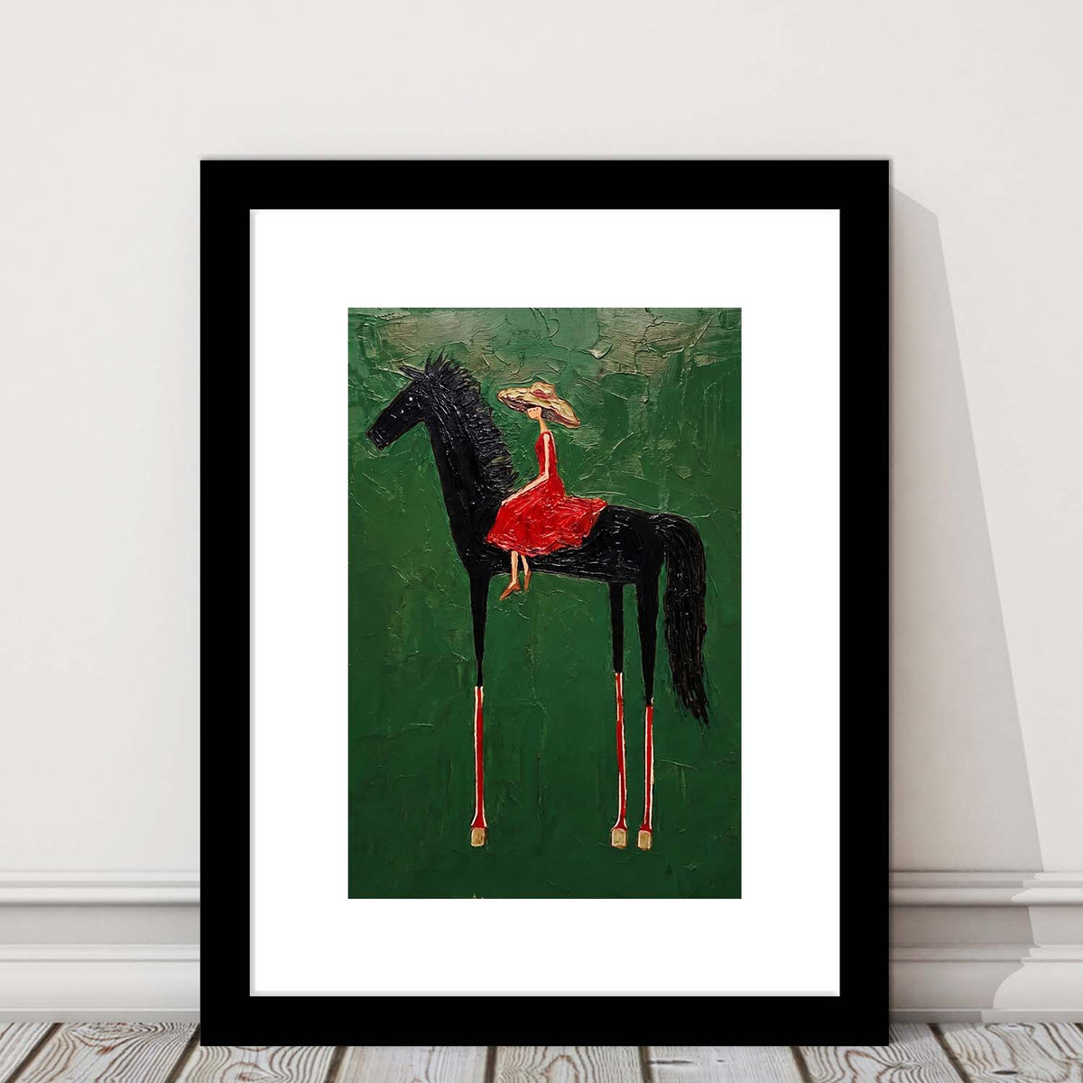 Textured Equestrian Whimsy Green Steed Wall Art Print, Framed Art Print, White Border