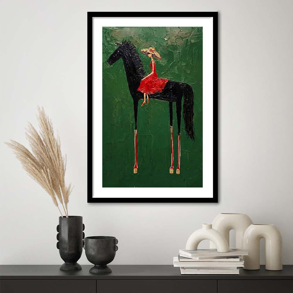 Textured Equestrian Whimsy Green Steed Wall Art Print, Framed Art Print, White Border