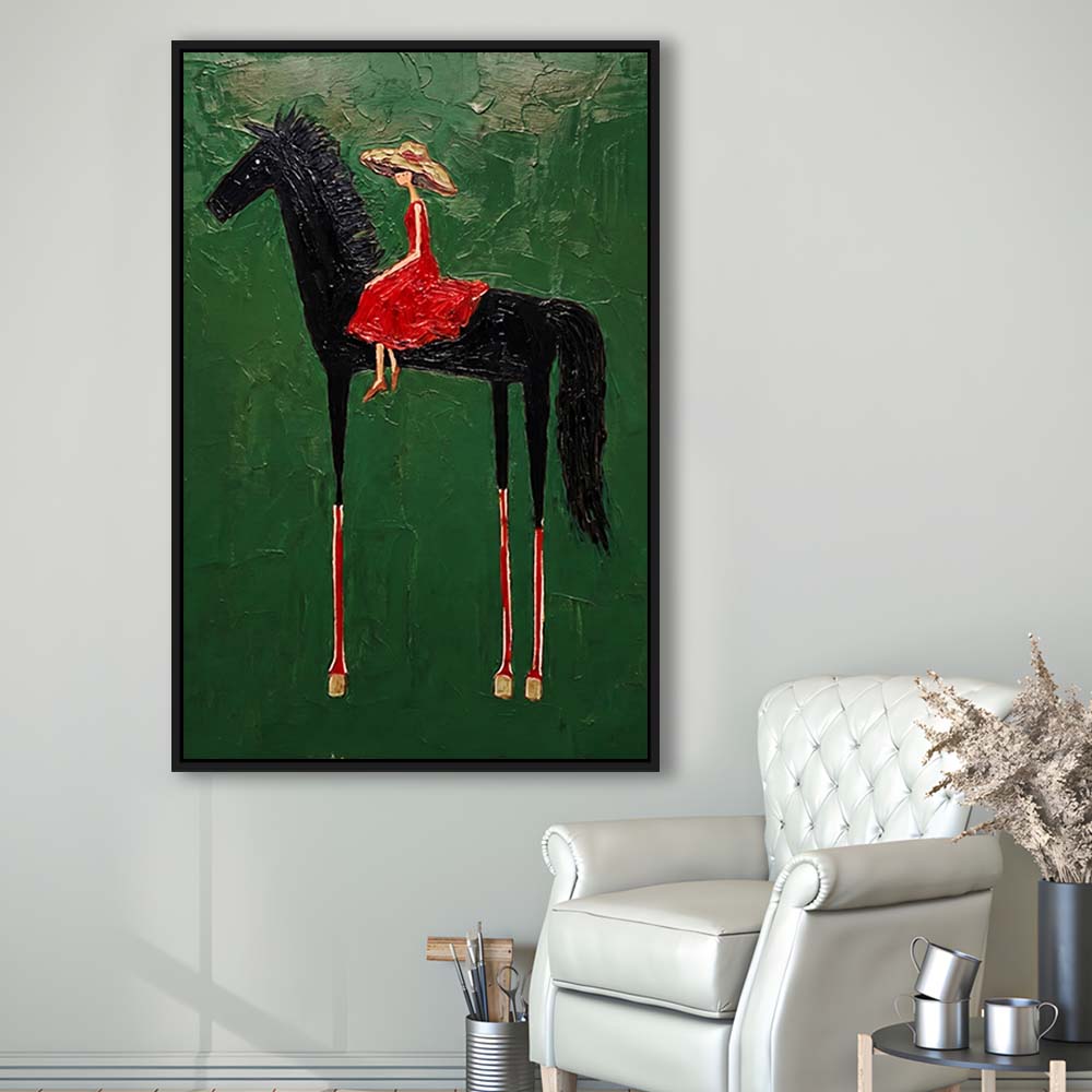 Textured Equestrian Whimsy Green Steed Wall Art Print, Framed Canvas Print, Floating Frame