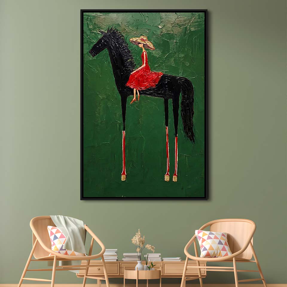 Textured Equestrian Whimsy Green Steed Wall Art Print, Framed Canvas Print, Floating Frame