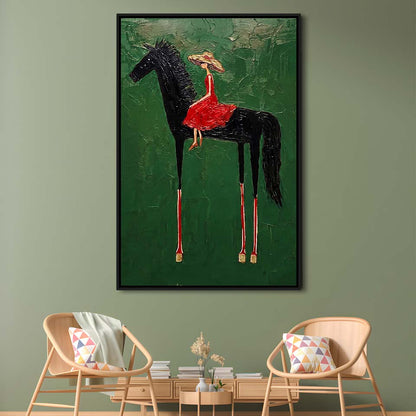 Textured Equestrian Whimsy Green Steed Wall Art Print, Framed Canvas Print, Floating Frame