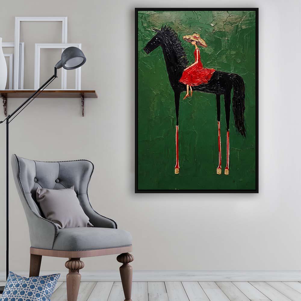 Textured Equestrian Whimsy Green Steed Wall Art Print, Framed Canvas Print, Floating Frame