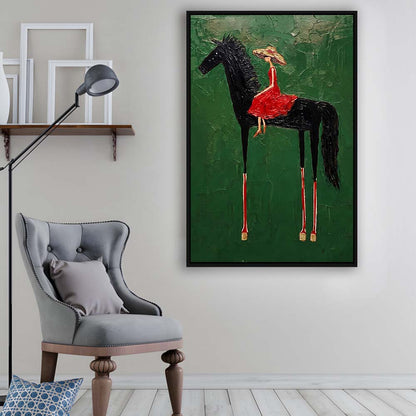 Textured Equestrian Whimsy Green Steed Wall Art Print, Framed Canvas Print, Floating Frame