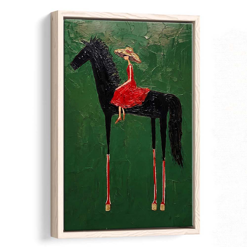 Textured Equestrian Whimsy Green Steed Wall Art Print, Framed Canvas Print, Floating Frame